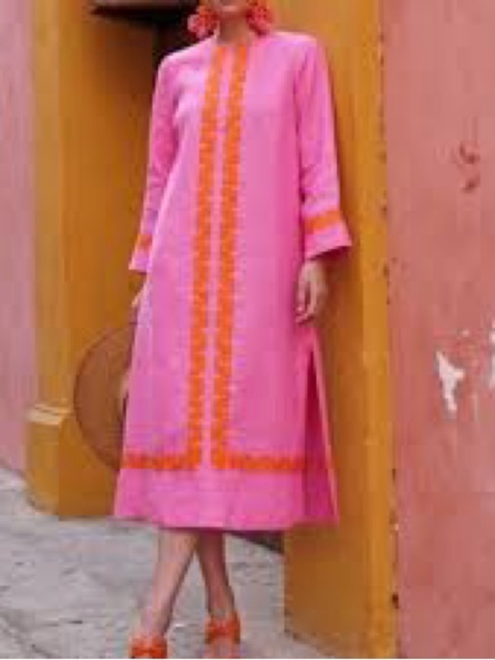 Tuckernuck Pink Dress with Orange Trim, Long Sleeve Midi